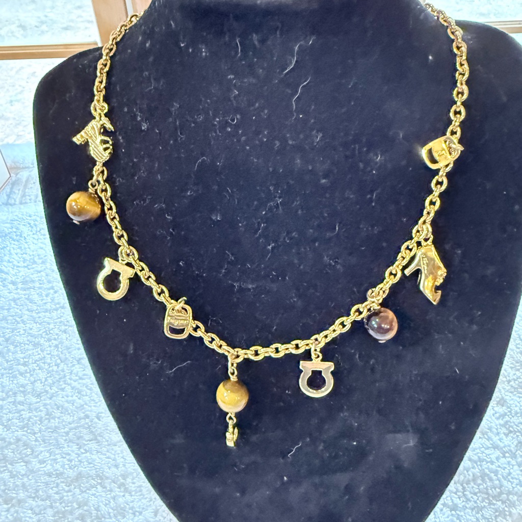 Ferragamo Gold-Tone Charm Necklace With Brown Bead Accents